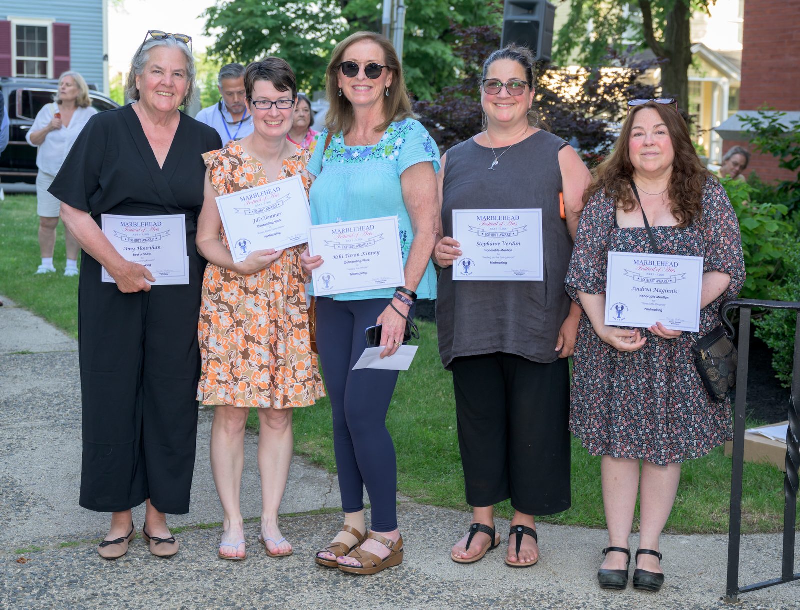 Printmaking award winners display their certificates — Amy Hourihan (Best of Show), Jill Clemmer, Kiki Taron Kinney, Stephanie Verdun and Andrea Maginnis.