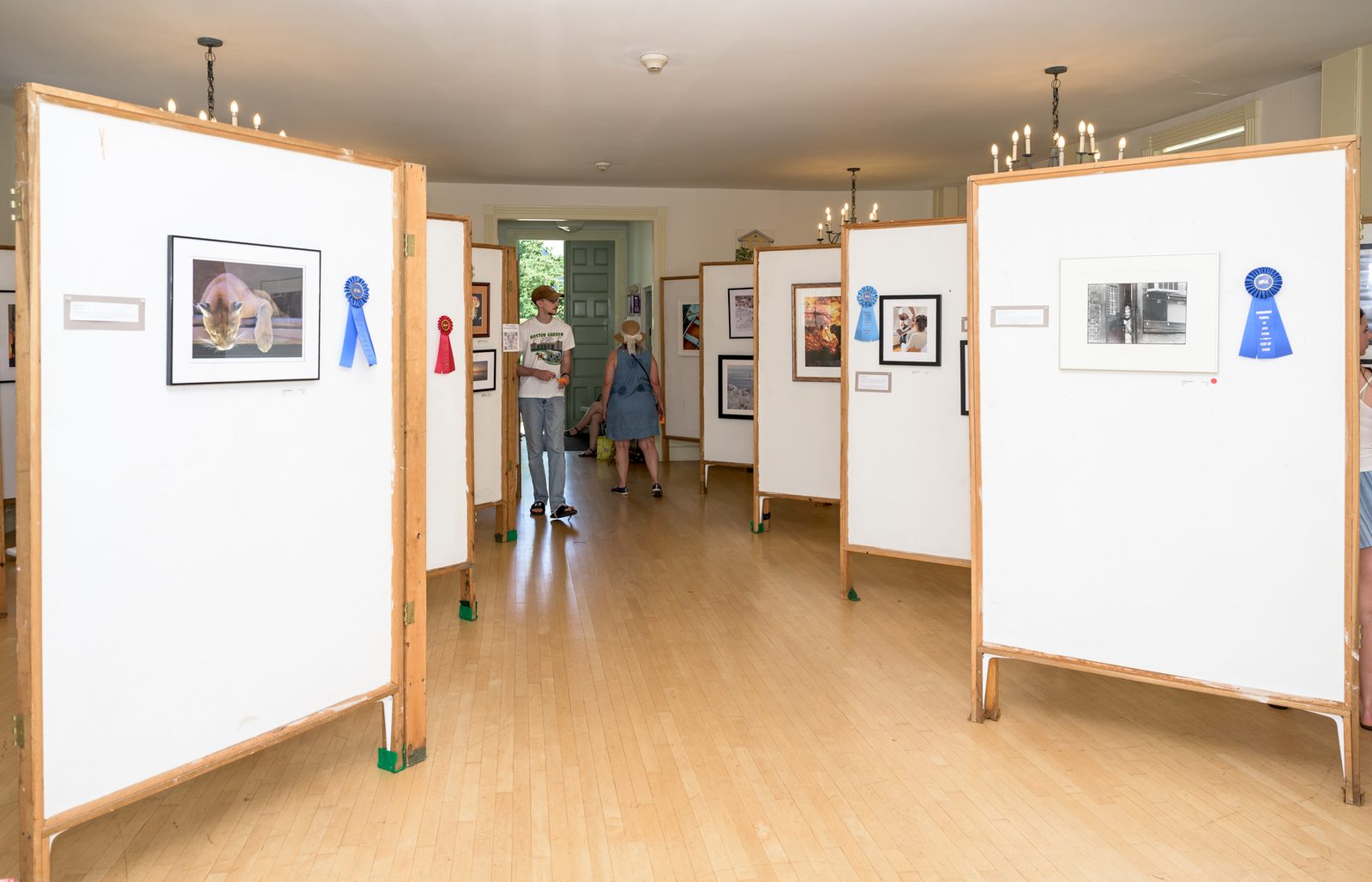 Award ribbons dot the display panels as visitors browse the photography exhibit.