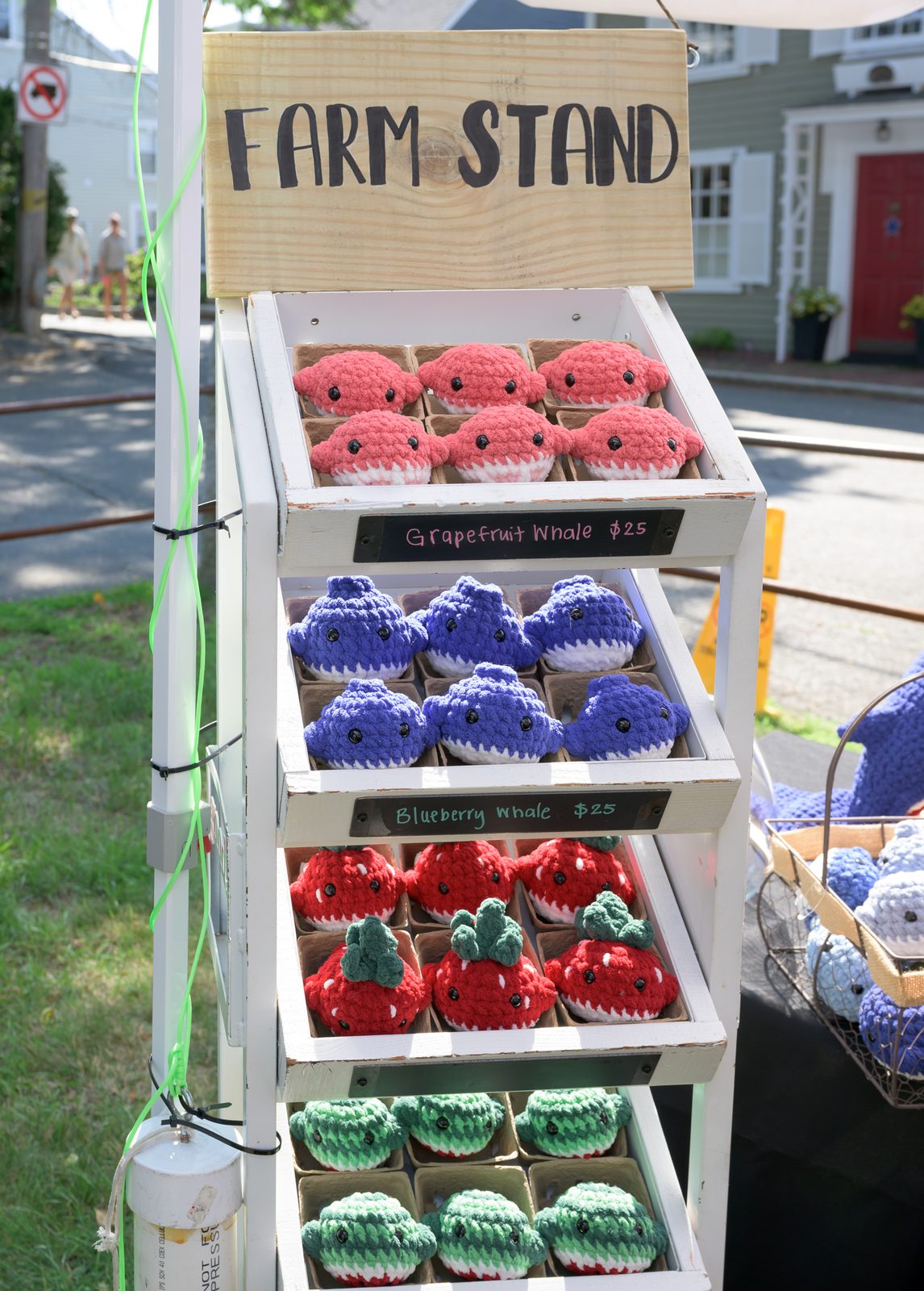 At a ‘Farm Stand’ of crocheted goods, hand-stitched ‘Grapefruit’ and ‘Blueberry’ whales sell for $25 apiece.